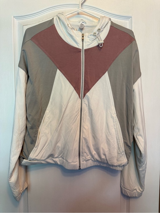 ZYIA Jackets & Blazers - ZYIA Cream Block Soft Zip-Up Hooded Jacket - Cream, Gray & Mauve